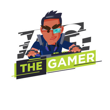 Gamer logo, hardcore gamer character design playing game by personal computer concept - vector