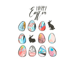 Hand drawn vector abstract graphic scandinavian collage Happy Easter simple bunny silhouette,eggs illustrations greeting card and Happy Easter handwritten calligraphy isolated on white background