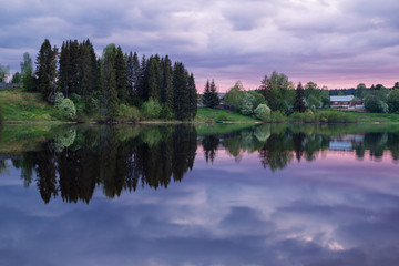 Fototapeta na wymiar spring rural landscape and flowering shrubs reflected in the evening pond