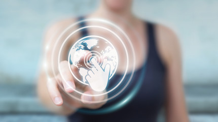 Businesswoman using digital screens interface with holograms datas 3D rendering