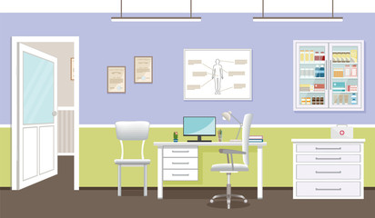 Doctor's consultation room interior in clinic. Hospital working in healthcare concept. Empty medical office design.