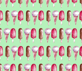 Seamless ice-cream pattern. Watercolor hand drawn summer print in unusual colors with ice lolly and Ice cream in a waffle cup. Childish baby background. Food print. Fabric, paper, cover, web