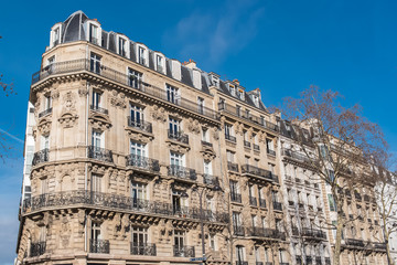 Fototapeta na wymiar Paris, beautiful building in the center, typical parisian facade, boulevard des Filles-du-Calvaire 