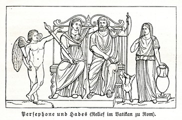 Fototapeta na wymiarPersephone, Hades and three-headed dog Cerberus; marble relief (from Meyers Lexikon, 1896, 13/683)