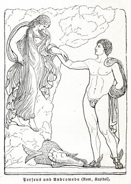 Perseus liberates Andromeda, marble relief of 1st century AD (from Meyers Lexikon, 1896, 13/685)