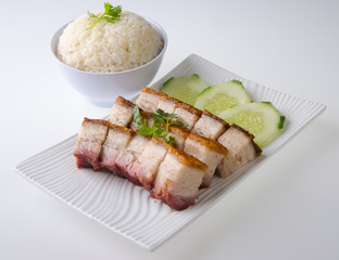 pork. BBQ Pork and Crispy Pork with Rice.
