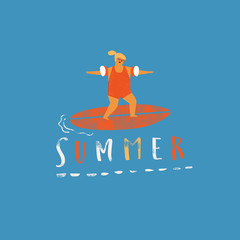 Summer beach poster with girl catching wave on a surfboard.
