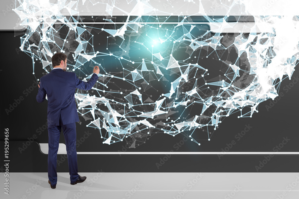 Poster Businessman using connection network on a wall 3D rendering