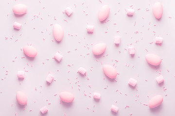 sugared almonds candy, marshmallow and sprinkle  for wedding,  pink background