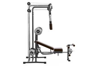 Multifunctional gym machine, left view isolated on white background. 3D Rendering, Illustration.
