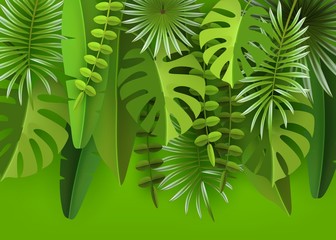Tropical leaves and plants. Green abstract background with tropical foliage. Cut paper. Vector illustration