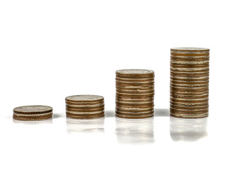 Money saving idea with piggy bank and coin in column.