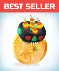 Bitcoin in korean hat. Bitcoin. Digital currency. Crypto currency. Money and finance symbol. Miner bit coin criptocurrency. Virtual money concept. Cartoon Vector illustration