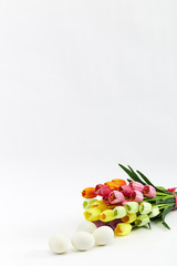 Easter eggs and tulips on white