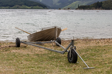 Boat on the beach in Port Underwood, New Zealand