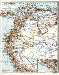 Map of Peru, Ecuador, Colombia and Venezuela ca. 1890 (from Meyers Lexikon, 1896, 13/704/705)