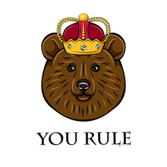 Bear wearing in crown. Bear king. Illustration.