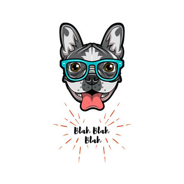 English Bulldog dog in smart glasses. Bulldog dog geek. Illustration.