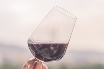 Caucasian man hand holding a glass of red wine through the blurry sky