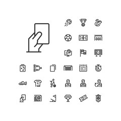 Hand holding card icon in set on the white background. Soccer / football linear icons to use in web and mobile app.