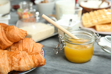 Delicious breakfast served on table