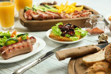 Delicious breakfast served on table