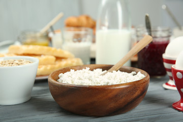 Delicious breakfast served on table
