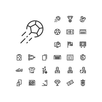 Kick ball icon in set on the white background. Soccer / football linear icons to use in web and mobile app.