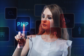 The concept of business, technology, the Internet and the network. A young entrepreneur working on a virtual screen of the future and sees the inscription: PHP