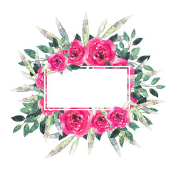 Watercolor flowers, leaves. Wreath, floral frame