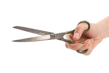 Female hand holding scissors, isolated on white background