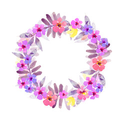 Watercolor flowers, leaves. Wreath, floral frame