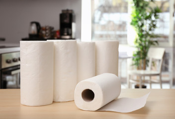Rolls of paper towels on table indoors