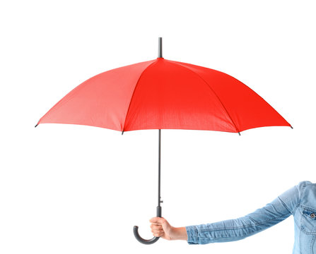 Woman holding stylish red umbrella on white background
