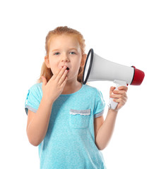 Emotional little girl with megaphone on white background