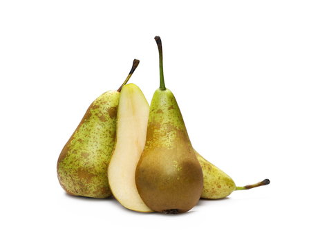 Ripe pears with slices isolated on white background