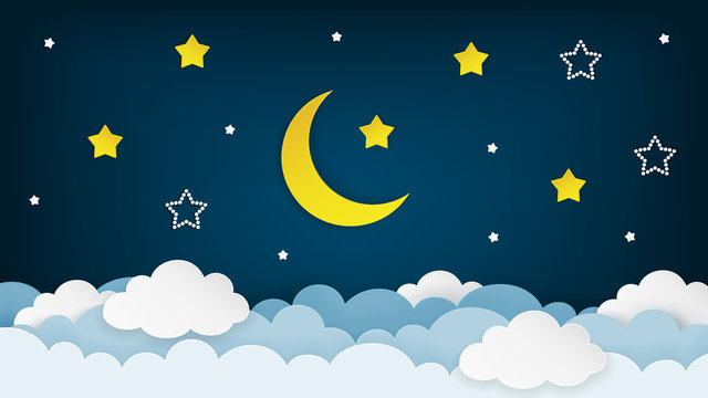 Half moon, stars and clouds on the dark night sky background. Paper art. Night scene background. Vector Illustration. 
