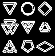 Set of impossible shapes. Optical Illusion. Vector Illustration isolated on white. Sacred geometry. White lines on a black background.