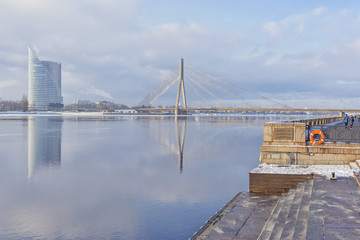 City of Riga at the Daugava river in winter