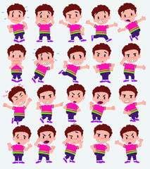 Cartoon character of a boy in shirt. Set with different postures, attitudes and poses, always in negative attitude, doing different activities in vector vector illustrations.