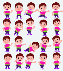 Cartoon character of a boy in shirt. Set with different postures, attitudes and poses, doing different activities in isolated vector illustrations.