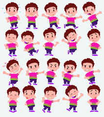 Cartoon character of a boy in shirt. Set with different postures, attitudes and poses, doing different activities in isolated vector illustrations.