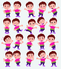 Cartoon character of a boy in shirt. Set with different postures, attitudes and poses, doing different activities in isolated vector illustrations.