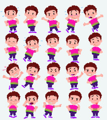Cartoon character of a boy in shirt. Set with different postures, attitudes and poses, doing different activities in isolated vector illustrations.