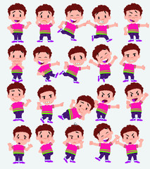 Cartoon character of a boy in shirt. Set with different postures, attitudes and poses, doing different activities in isolated vector illustrations.