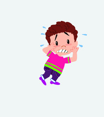 Boy in shirt very alarmed takes the hands to the head.