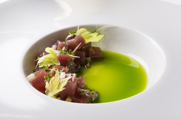 Fresh tartar served on a white plate