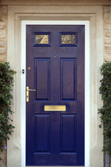 Fototapeta na wymiar Modern blue painted front door flanked by shrubs