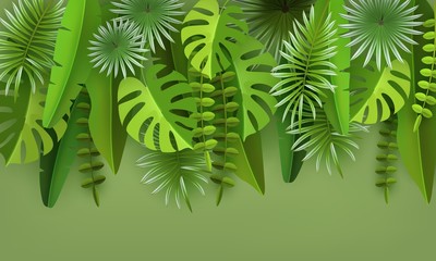 Tropical leaves and plants. Green abstract background with tropical foliage. Cut paper. Vector illustration