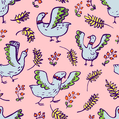 Seamless pattern with cute birds. Background with livestock pets and floral elements.